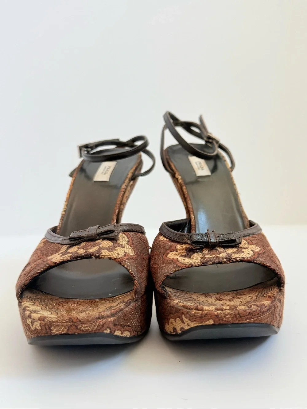 Prada Y2K Brocade Tapestry Wedge Sandals Brown Gold Jacquard Platform Heels 38